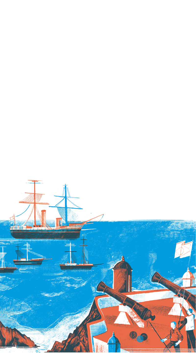 Ilustração baseada na aquarela Episódio Cormorant, de Euro Brandão, que mostra o Combate de Cormorant no Litoral do Paraná |