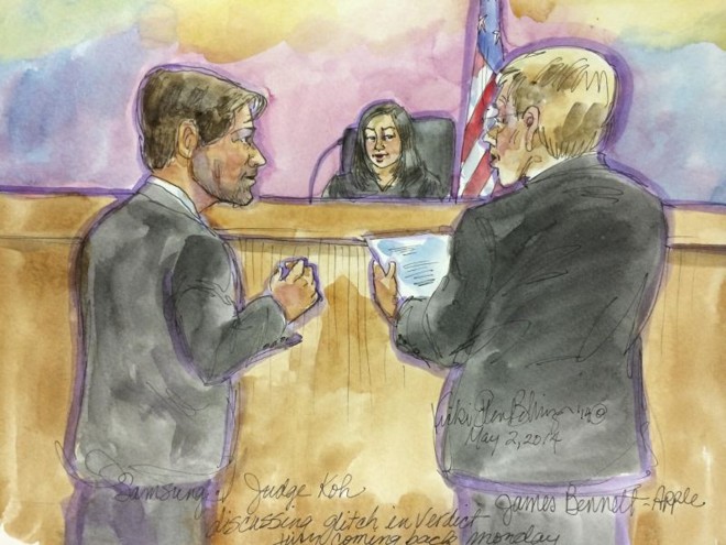 Ilustração com base em momento do julgamento mostra advogados da Apple e Samsung discutindo violação de patentes. | Vicki Behringer/Reuters.