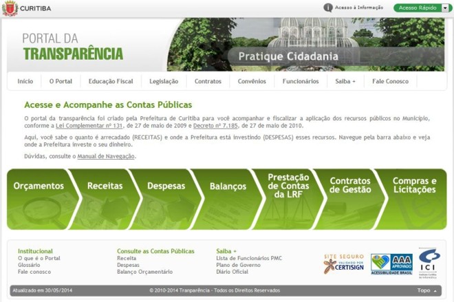 Portal de Curitiba atende itens- Segundo a associação Contas Abertas, o portal da transparência da prefeitura de Curitiba possui todos os itens de interação com o internauta: perguntas frequentes, manual de navegação, glossário simples e glossário interativo e canal de Fale Conosco. O portal possibilita o download de pesquisas em formato texto, arquivos PDF e planilhas em Excel. O site é www.transparencia.curitiba.pr.gov.br |