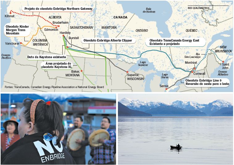 Manifestação em Kitimat contra o oleoduto Northern Gateway. À dir., o terminal planejado ficaria perto do canal Douglas | Fotos: Julie Gordon/Reuters; acima, the new york times