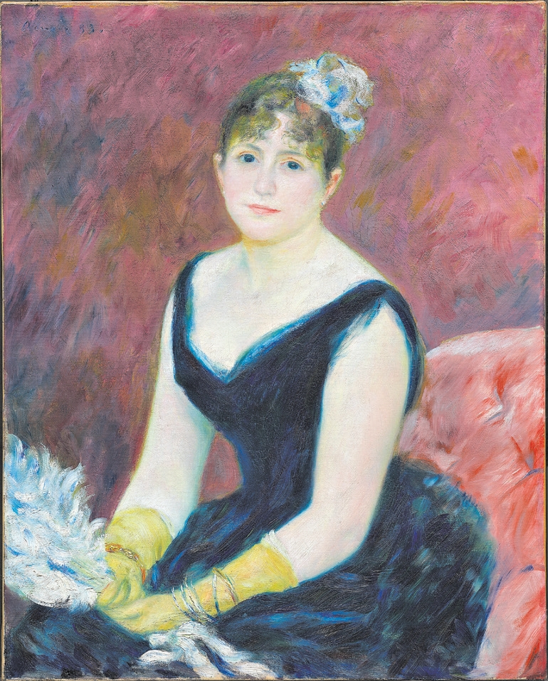 Duas metades da tela Madame Léon Clapisson, mostrando a versão melhorada digitalmente, reproduzindo sua aparência em 1883 (à dir.), e o aspecto atual da obra | CORTESIA ART INSTITUTE OF CHICAGO