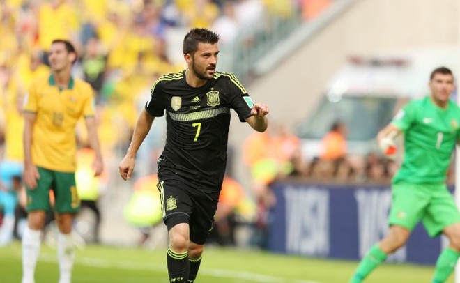 Jogador David Villa, da Espanha, comemora após abrir o placar em partida do Grupo B contra a Austrália |