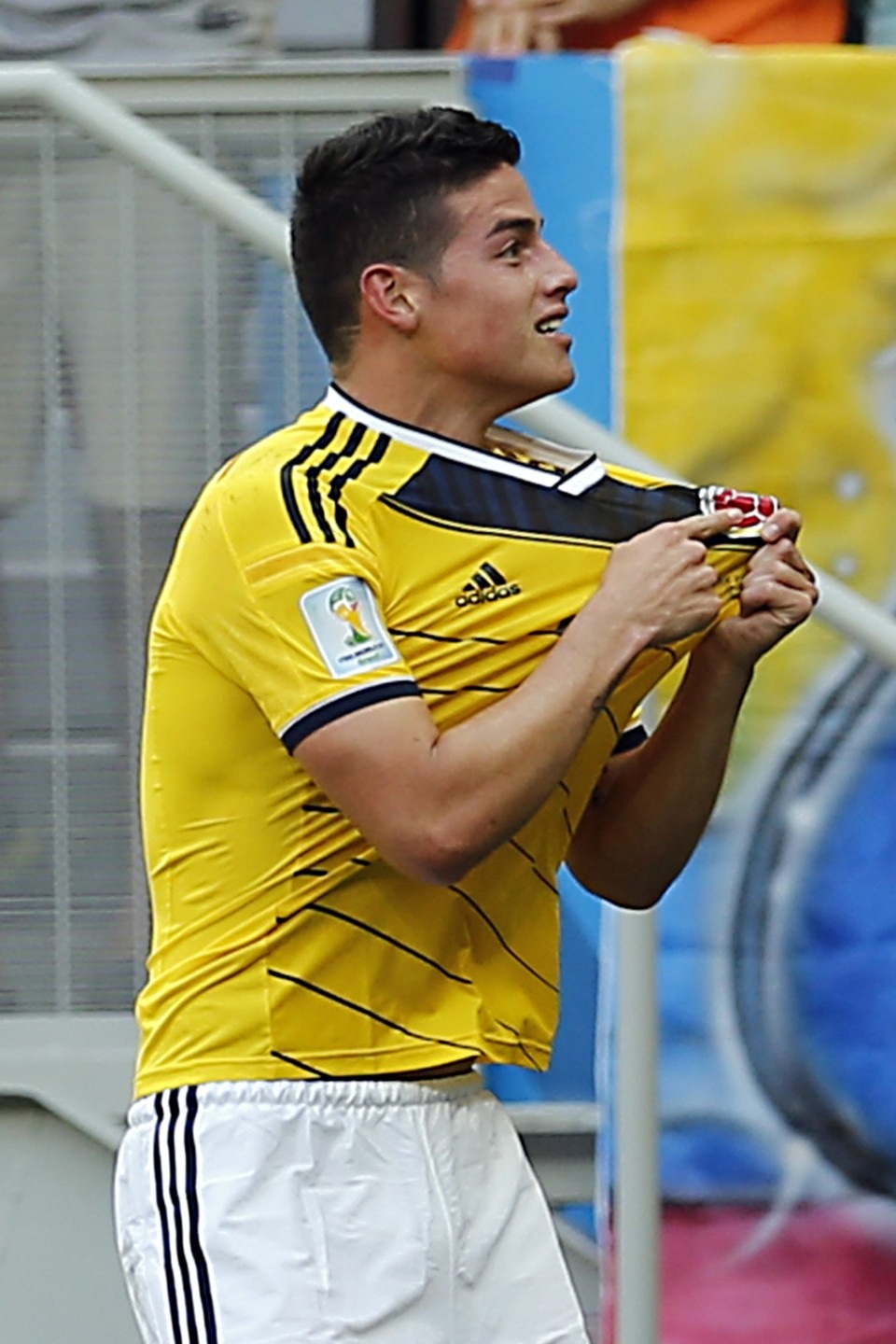 James Rodriguez mostra o escudo da Colômbia na comemoração do gol | Albari Rosa