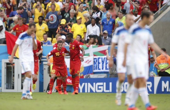 Bélgica comemora o gol de Origi que garantiu a vitória da Bélgica sobre a Rússia |