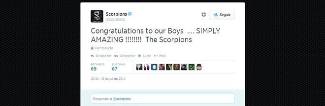 Até a banda Scorpions, uma das mais famosas internacionalmente do país, deu seu parabéns aos jogadores |