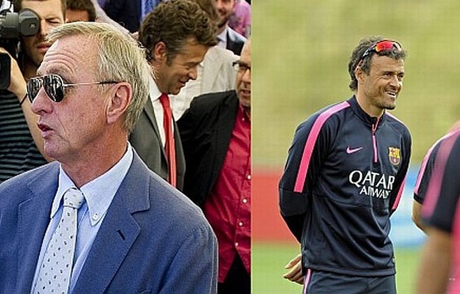 BarcelonaEm 1995Um dos maiores ídolos da história do clube, Johan Cruyff chegava a sete anos no comando do Barcelona. Era um momento de reconstrução no Barça, que após quatro títulos seguidos havia perdido a hegemonia espanhola para o Real Madrid, que tinha Luís Enrique, um meia de 24 anos, como um dos destaques do time.Em 2014Depois de trocar o Real pelo Barça em 1996, Luís Enrique criou tamanha identificação com os catalães que foi o escolhido para reimplantar no time o estilo de jogo adotado por Pep Guardiola. Se fracassar, certamente será criticado por Cruyff. Aposentado do banco de reservas há mais de uma década, o holandês é um ombudsman não oficial do Barcelona. | 
