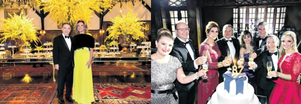 O presidente do Graciosa Country Club, João Carlos Ribeiro, e a namorada, Adriana Winter (ambos à dir.), brindam com os casais diretores Gabriela e Alexei Antoniuk, Karina e Gláucio Bley Filho e Ariadne e Ricardo Loures Canto (a partir da esq.) no baile pelos 87 anos do clube, nesta segunda-feira. Na foto debaixo, Ribeiro e a diretora social Eliana Fadel Farracha de Castro | Fotos: Naideron Jr.