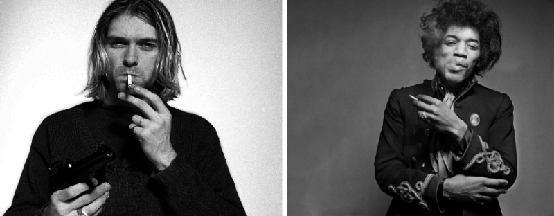 Talentosos e perturbados: Kurt Cobain (à esquerda) e Jimi Hendrix morreram aos 27 anos | Reprodução