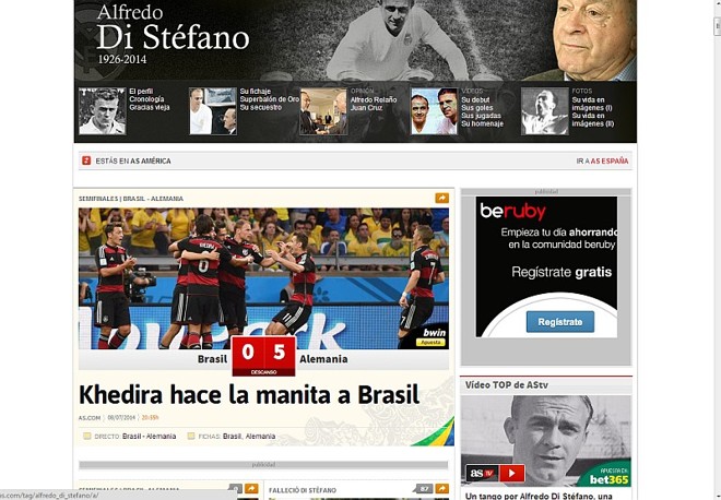 O diário espanhol As, estampa: ´´Khedira faz a mãozinha ao Brasil´´, em alusão ao quinto gol marcado pelo volante alemão. | 
