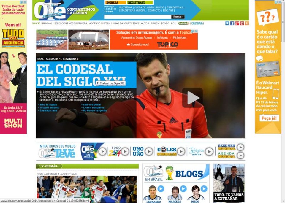 O Olé! comparou o italiano Nicola Rizzoli, árbitro da final de 2014, com o uruguaio Edgardo Codesal, que apitou a final entre Argentina e Alemanha na Copa de 1990 | Divulgação/Site