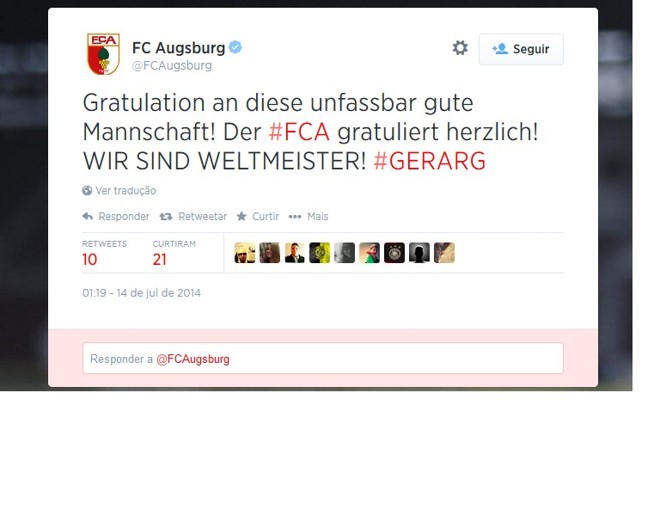 O Augsburg, clube alemão, parabenizou a seleção de seu país |