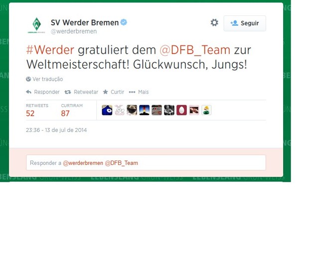 O Werder Bremen parabenizou a seleção alemã pelo título |