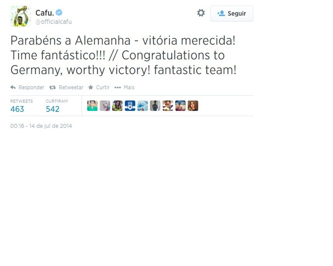 O ex-jogador brasileiro Cafu parabenizou a Alemanha: