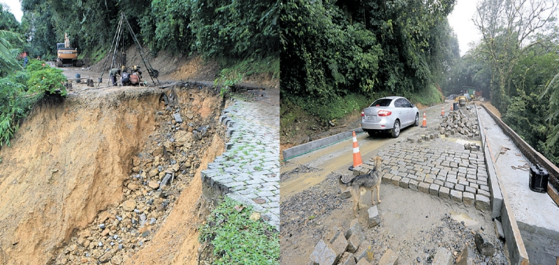 Em março (à esq.), as chuvas fizeram 40 m da via ceder. Ontem, carros voltaram a passar | Arnaldo Alves/ ANPr