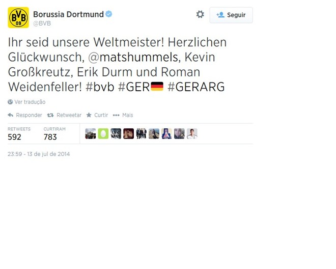 O Borussia Dortmund parabenizou a seleção alemã e seus jogadores da equipe pelo tetra |