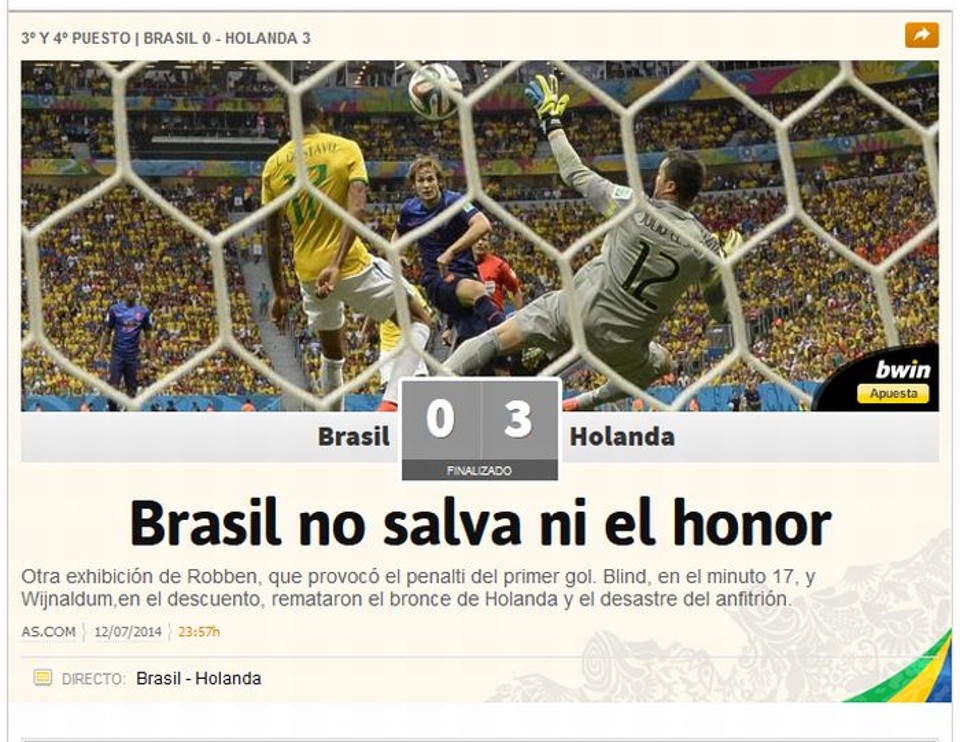 Imprensa internacional zomba de mais um vexame do Brasil "Brasil não salva nem a honra", foi a capa do espanhol As |