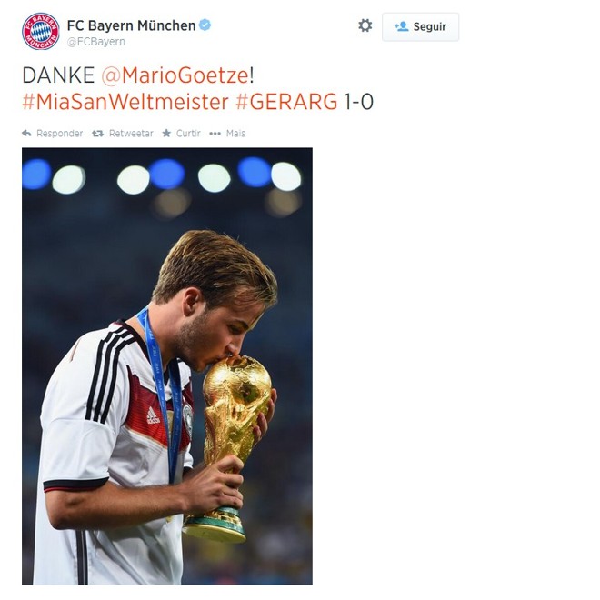 O Bayern de Munique agradeceu a seu atleta, Mario Götze, pelo gol do título da Alemanha |
