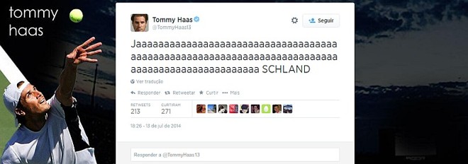 O veterano tenista Tommy Haas, conhecido pela irreverência, deu um grito pelo título um tanto inusitado no seu twitter |