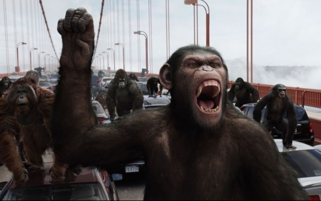 Planeta dos Macacos: A Origem (2011):Prequela de O Confronto, A Origem mostra como César (Andy Serkis), um chimpanzé superinteligente, fruto de experimentos médicos em sua mãe, lidera uma revolta de macacos enquanto um vírus mortal para humanos infecta sua primeira vítima | 