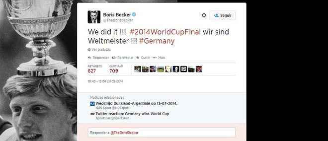 O ex-tenista Boris Becker comemorou o título alemão no twitter |