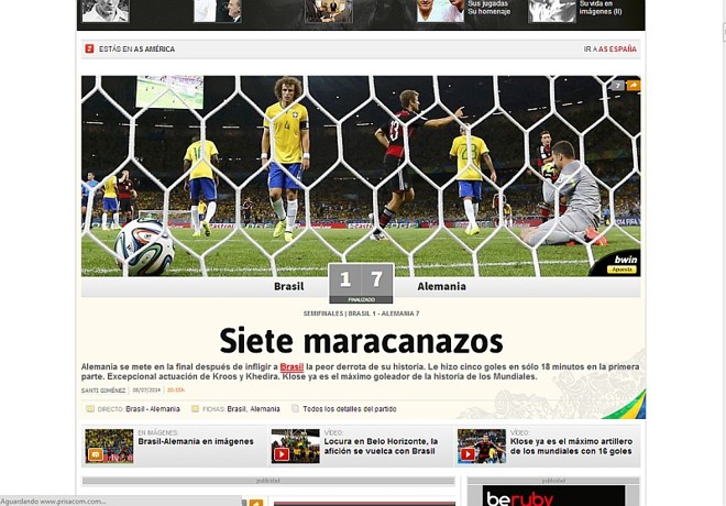Após o jogo, o espanhol As fez referência à derrota brasileira na final da Copa de 50, que ficou conhecida como Maracanaço, e estampo a manchete: ´´Sete Maracanaços´´. | 