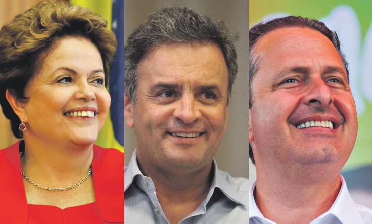 Dilma Rousseff (à esq.): diplomacia à esquerda; Aécio Neves (centro): aproximação com os EUA; Eduardo Campos (à dir.): política externa é mistério | Roberto Stuckert Filho; George Gianni / PSDB; Divulgação / PSB