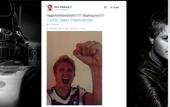 O piloto Nico Rosberg, líder da atual temporada da Fórmula 1, postou no twitter uma foto torcendo com a camisa alemã |