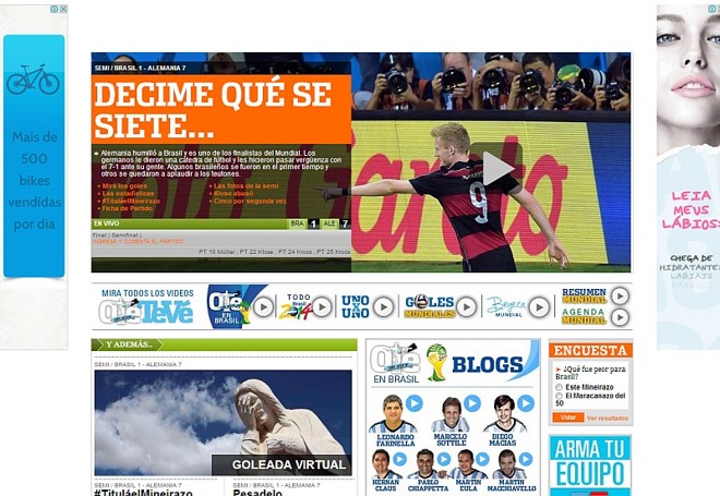 O argentino Olé, famoso por não perdoar os brasileiros em suas brincadeiras, escreveu: ``Dizem-me que de sete...``, em referência a uma canção entoada pelos torcedores argentinos durante a Copa. | 