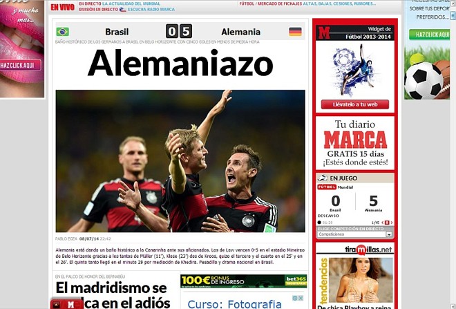 O Marca, da Espanha, relembra a histórica derrota da seleção para o Uruguai na final Copa de 50, episódio que ficou conhecido como Maracanaço: ´´Alemãozaço´´, diz a manchete. | 