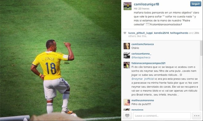 O jogador da Colômbia foi ofendido, inclusive racialmente e até ameaçado de morte. |