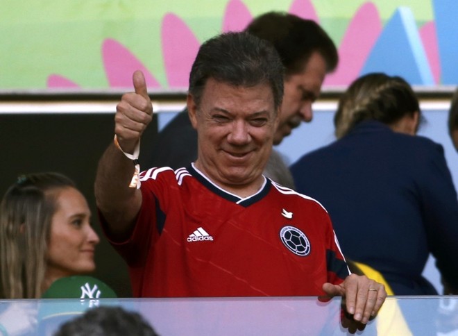 Presidente colombiano Juan Manuel Santos em Fortaleza durante partida das quartas de final entre Colômbia e Brasil | 