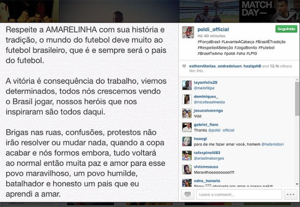 Mensagem postada por Podolski nas mídias sociais | Reprodução