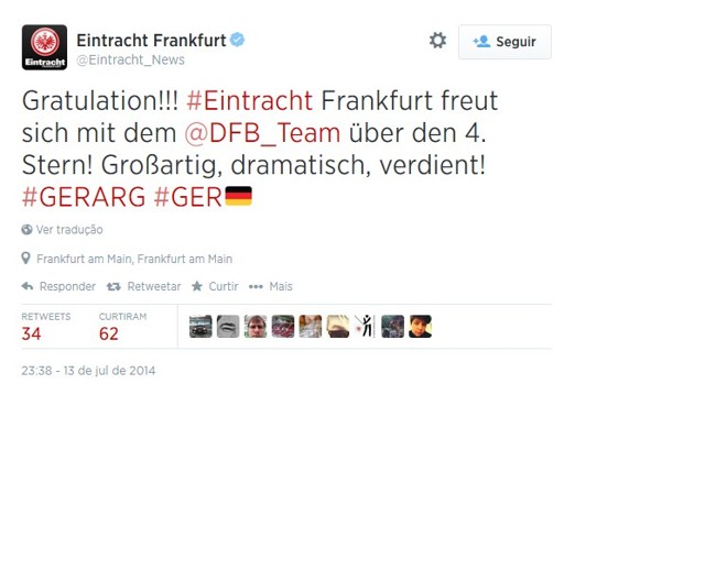 O Eintracht Frankfurt parabenizou a seleção da Alemanha em seu perfil do twitter |