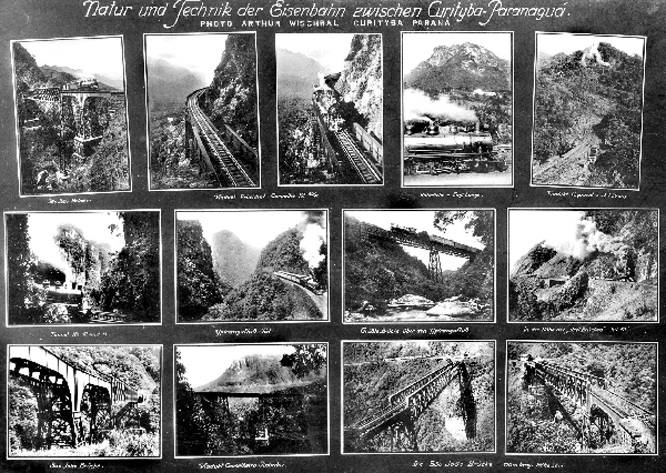 Coleção de fotos da Estrada de Ferro, na Serra do Mar, colocadas num único postal por Arthur Wischral | Acervo CID DESTEFANI