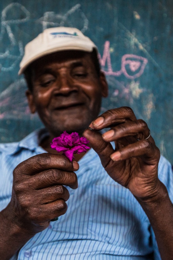 Calmamente, seu Flozindo admira uma flor de um dos diversos vasos floridos da casa |