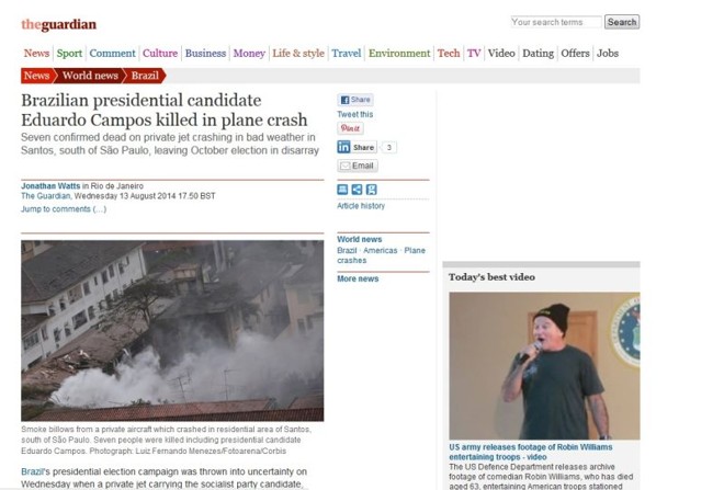 Acidente também ganhou destaque na página do britânico The Guardian | 