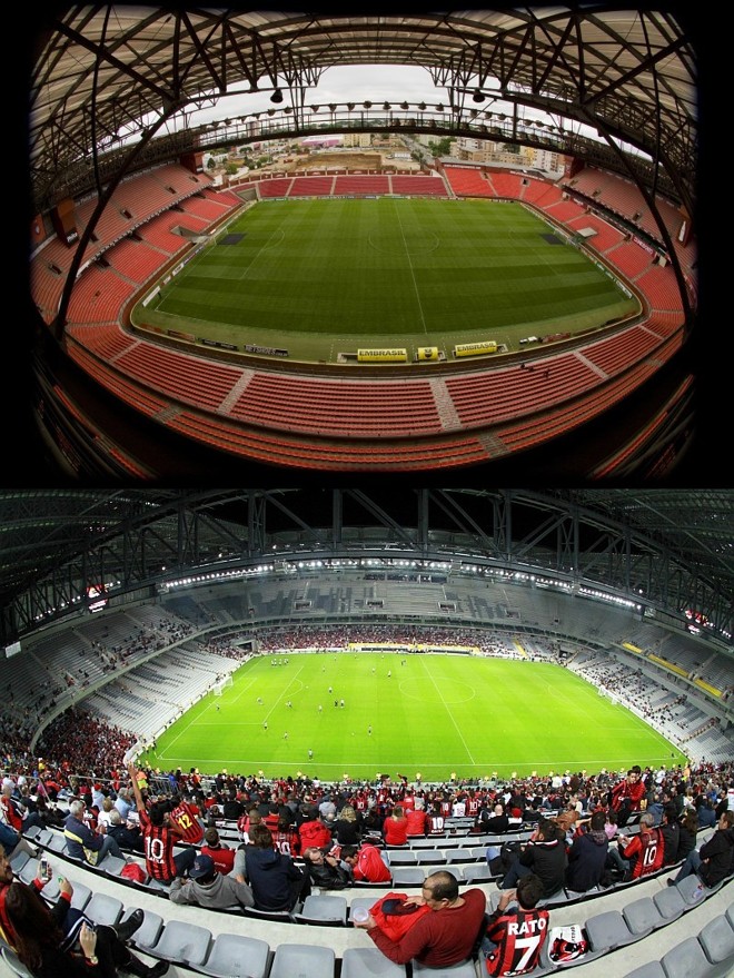 Vista de lado, nota-se, além das cadeiras, a nova estrutura de coberturas da Arena da Baixada | 