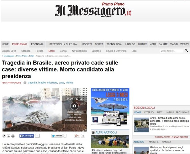 O italiano Il Messaggero também destacou a tragédia aérea | 