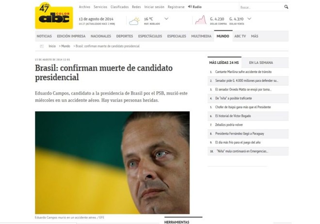 O jornal paraguaio ABC Color comparou o acidente ao que matou o candidato à Presidência do Paraguai Lino César Oviedo, em fevereiro de 2013 | 