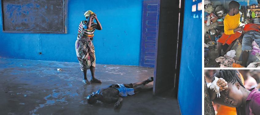 No sentido horário começando do alto à esquerda, mulher com o marido, que desmaiou numa ala de isolamento provisória em Monróvia, para onde se pediu que os doentes fossem, mas pouco tratamento é fornecido; rapaz prepara o pai para viagem até o isolamento; mulher pranteia a morte de primo | Fotos: John Moore/Getty Images