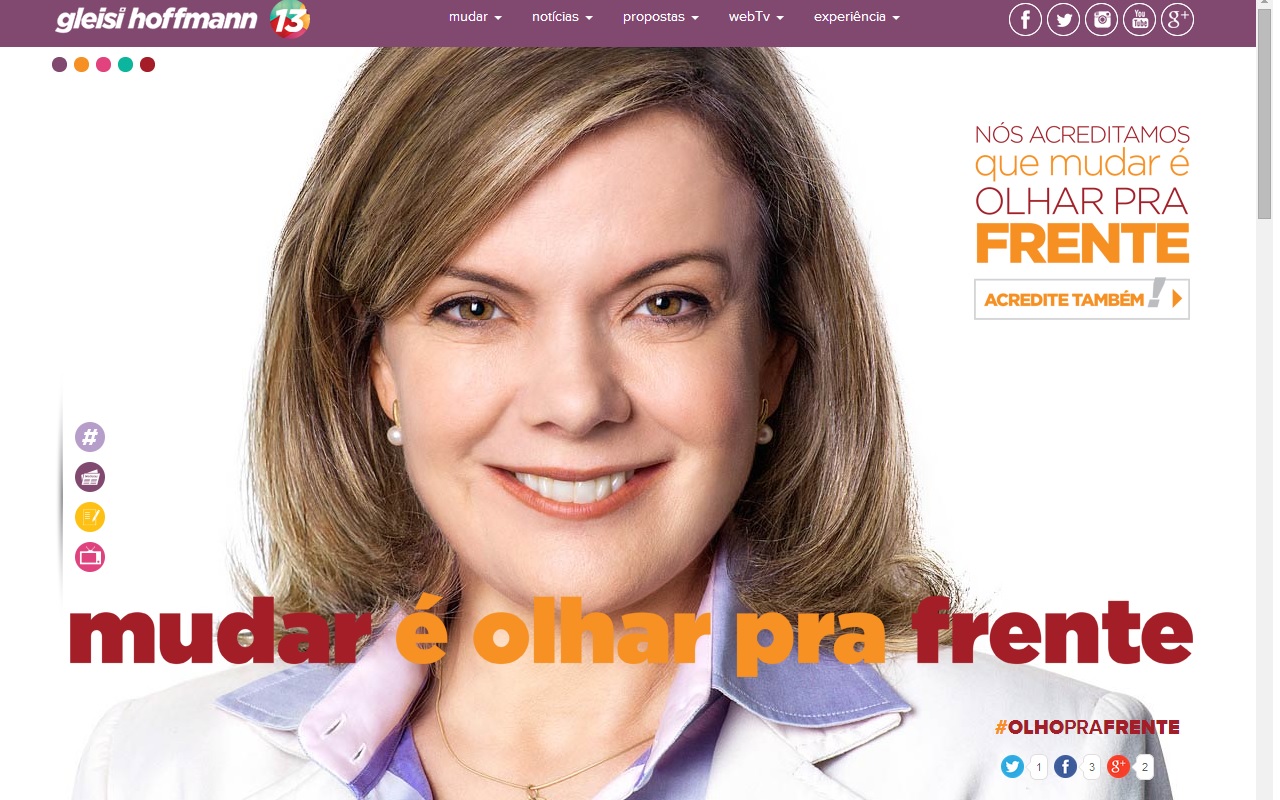 Página inicial do site da candidata Gleisi Hoffmann (PT) | Reprodução/Internet