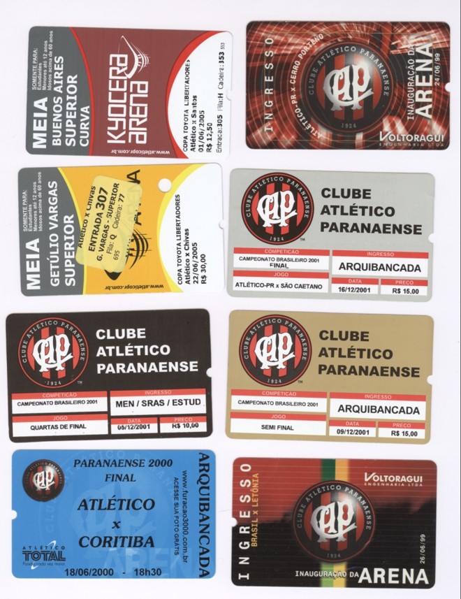 Ingressos da Arena, a partir de 1999. De cima para baixo, os jogos de inauguração (Atlético x Cerro Porteño-PAR e Brasil x Letônia), a primeira partida oficial, o primeiro título e a decisão do Brasileiro 2001 |