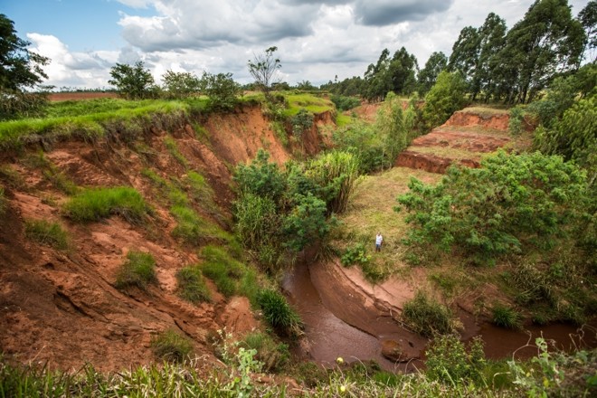 Adão Felipach e o vale escavado pelo rio Trajano na propriedade agrícola dele em Terra Rica | 