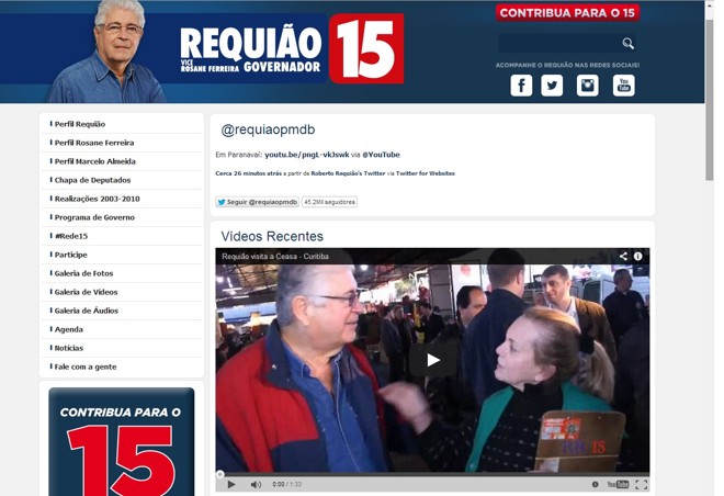 Página inicial do site do candidato Roberto Requião (PMDB) |