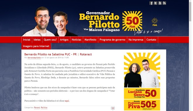 Página inicial do site do candidato Bernardo Pilotto (PSol) |