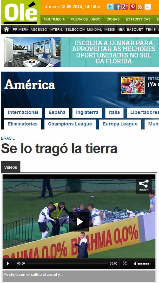 Título do argentino Olé! sobre o tombo de Joel: