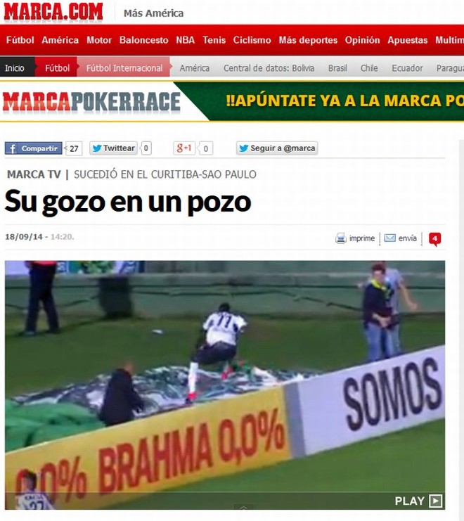 Espanhol marca destacou o susto que Joel levou na comemoração do gol do Coritiba |