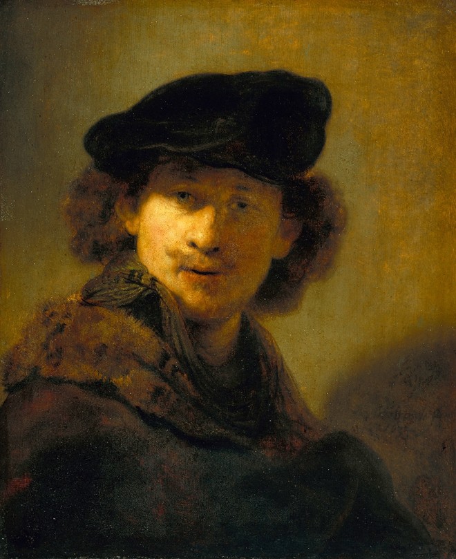 O pintor holandês Rembrandt em três autorretratos  de 1634 (acima), 1630 (abaixo, à esq.) e 1660 (abaixo, à dir.) | 