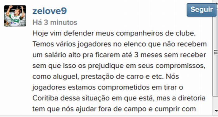 Zé Love publicou a mensagem acompanhada de uma foto do time no vestiário do Couto Pereira. | Reprodução/ Instagram
