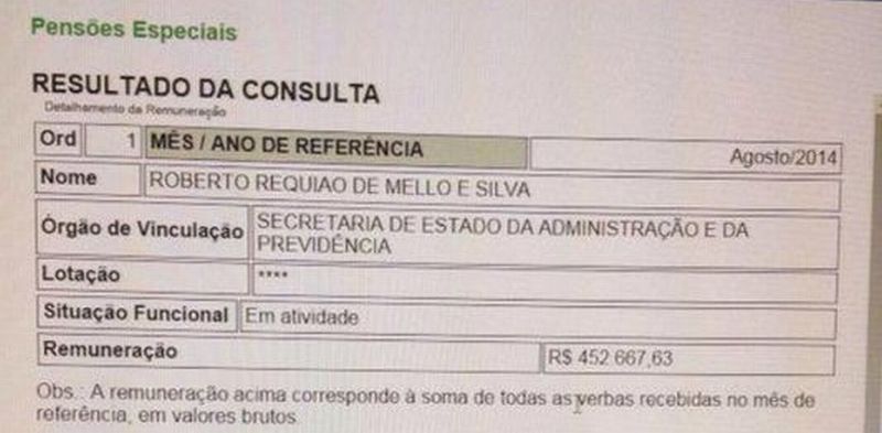 Reprodução do comprovante de repasse dos R$ 452 mil ao ex-governador Roberto Requião | Reprodução
